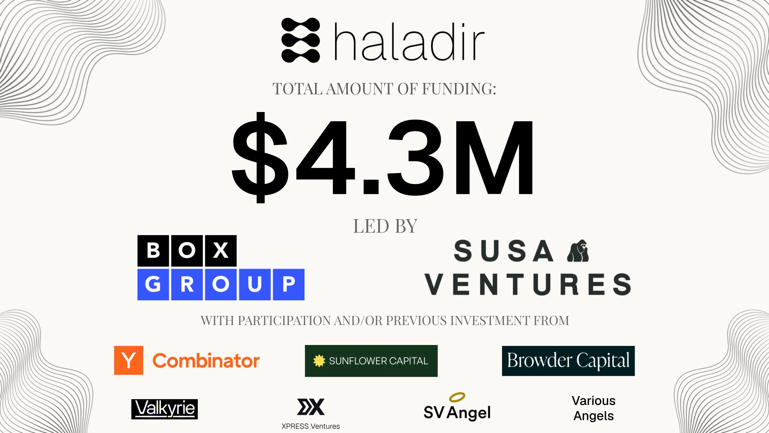 Haladir total funding of $4.3M, led by BOX Group and Susa Ventures, with participation and/or previous investment from Y Combinator, Sunflower Capital, Browder Capital, Valkyrie, XPRESS Ventures, SV Angel, and various angels.